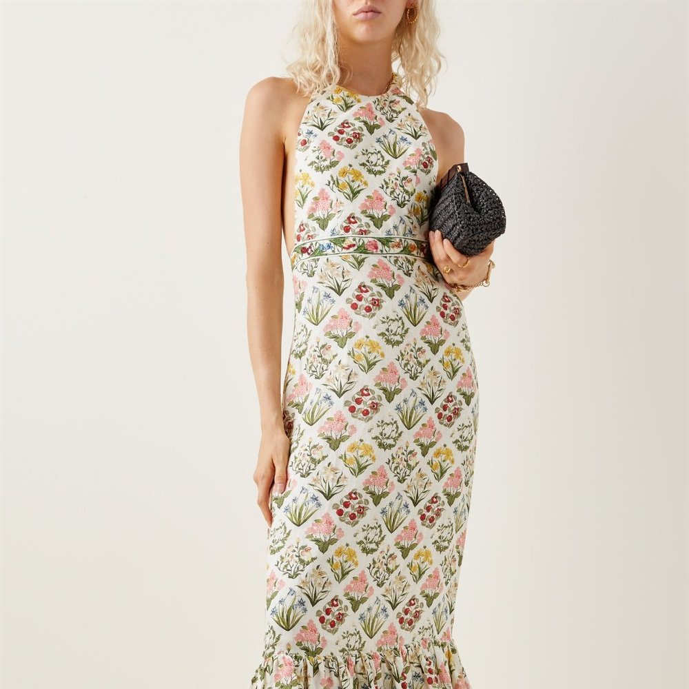 Agua by Agua Bendita Magnolia Printed Linen Maxi Halter Dress, Size Small